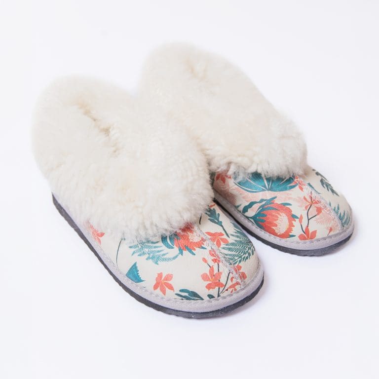 Coral and Teal Protea Sheepskin Slippers (Full Boot Slipper)