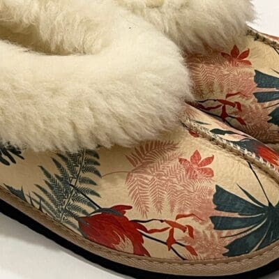 Coral and Teal Protea Sheepskin Slippers