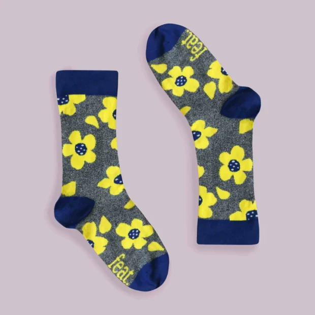 Ladies Acid Yellow Floral Socks - Cotton