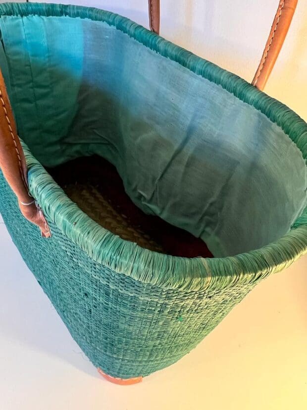 Beautiful straw tote bag basket with long leather handles in green