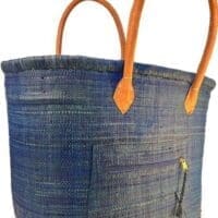 Sea Blue Raffia tote basket bag with long leather handles