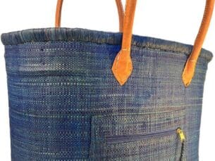 Sea Blue Raffia tote basket bag with long leather handles