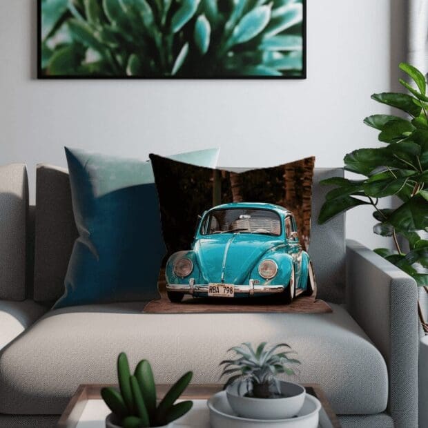 Velvet, Printed Volkswagen Scatter Cushion: Blue VW