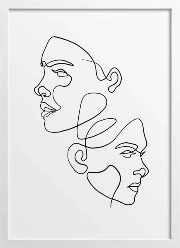 Dual Feminine Faces Line Drawing No1