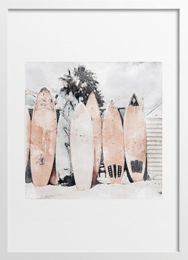 Watercolor Boho Surfboard On The Beach Poster | Collection