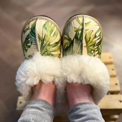 Monstera Leaves Sheepskin Slippers