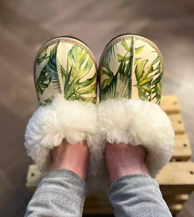 Monstera Leaves Sheepskin Slippers (End of Range)